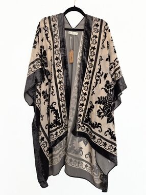 NWT Natural Life Burnout Velvet Tan Brown Boho Kimono, OS